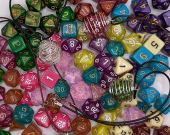 Dungeons & Dragons Caged Dice Necklace - Lucky Charm, Removable Die - D20, D12, D10, D6, D4, Percentile Full Set + Necklace - 29 Dice Colors
