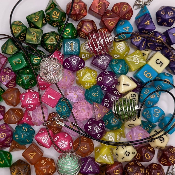 Dungeons & Dragons Caged Dice Necklace - Lucky Charm, Removable Die - D20, D12, D10, D6, D4, Percentile Full Set + Necklace - 29 Dice Colors