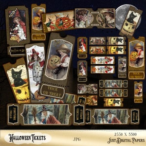 May include: A collection of vintage-style Halloween tickets with various illustrations. The tickets feature images of witches, children with pumpkins, black cats, and the text "Trick or Treat". The color palette includes brown, orange, and black.