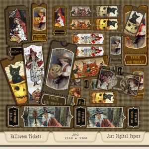 May include: A collection of vintage-style Halloween tickets with various illustrations. The tickets feature images of children with pumpkins, witches, black cats, and the text "Trick or Treat". The color palette includes brown, orange, and black.