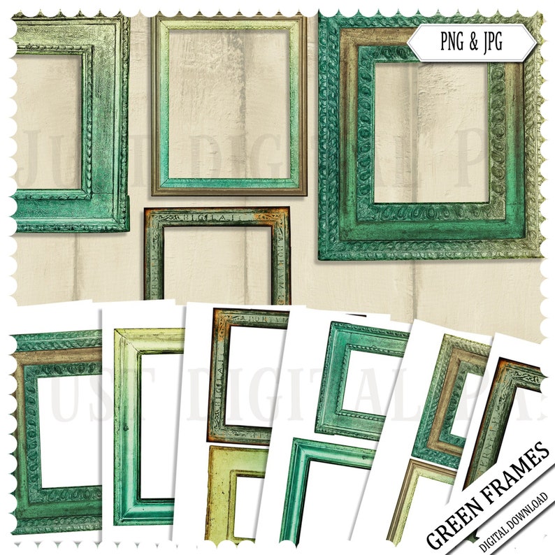 May include: A collection of green picture frames with various designs and textures. Some frames are ornate, while others are simpler. The frames are arranged on a light-colored wooden background. The text "PNG & JPG" is visible in the upper right corner.