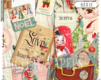 May include: A collage of vintage Christmas ephemera, including tags, cards, and decorative elements. The design features a snowman, Santa in a sleigh, bells, and the word "NOEL". The text "OLD FASHIONED CHRISTMAS 2" is also visible.