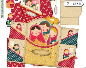 Miss Dolly’s Vintage Folder Kit – Printable Matryoshka Doll Card Making Set | Retro Folk Art Craft Papers | Digital Download JPG PDF