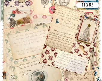 Keepsakes Ephemera Vol 4 – Vintage Letter & Marine Collage Digital Paper Pack, Antique Handwriting , Printable Journal Pages