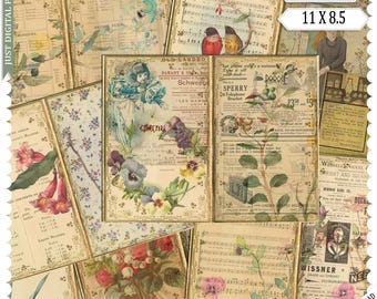Mjuka blommiga vintage-ephemerapapper | Digitalt skräpjournalkit | Antika botaniska och musikaliska collagebakgrunder | Utskrivbara scrapbooksidor