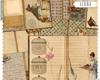 Puede incluir: Un paquete de papel digital de estilo vintage con un collage de imágenes, que incluye una escena de cocina con un chef, una estufa y un tarro de azúcar y pan. El paquete de papel se titula "My Kitchen 1" y está disponible en formatos JPG y PDF.