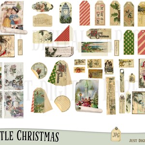 May include: A collection of vintage-style Christmas ephemera, including tags, postcards, and labels. Designs feature illustrations of children, Santa Claus, holly, and winter scenes. The text "A Little Christmas" is visible.
