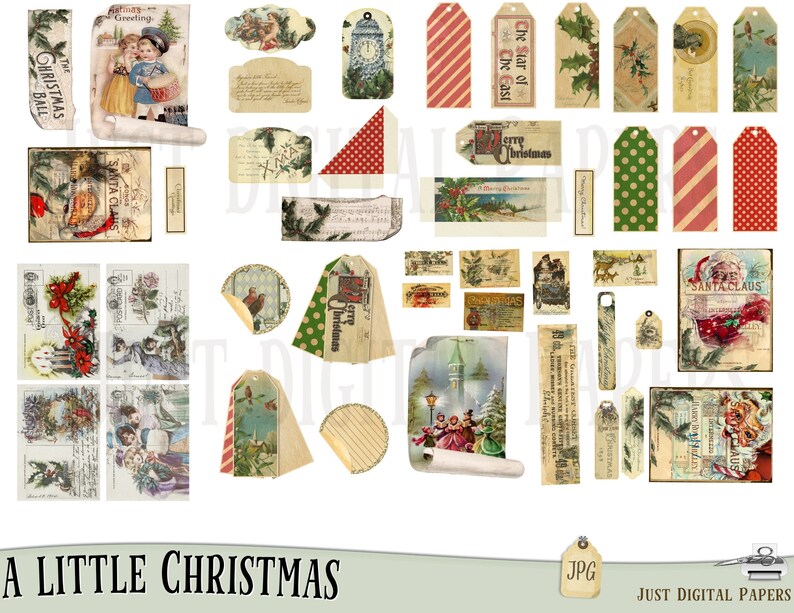 May include: A collection of vintage-style Christmas ephemera, including tags, postcards, and labels. Designs feature illustrations of children, Santa Claus, holly, and winter scenes. The text "A Little Christmas" is visible.