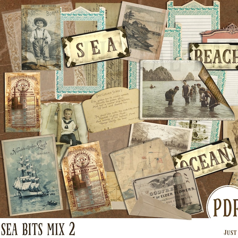 Sea Ephemera, journal junk, ocean journal, sea side scrapbook, printable, instant download, mix 2, ships, beach, signs, image 1