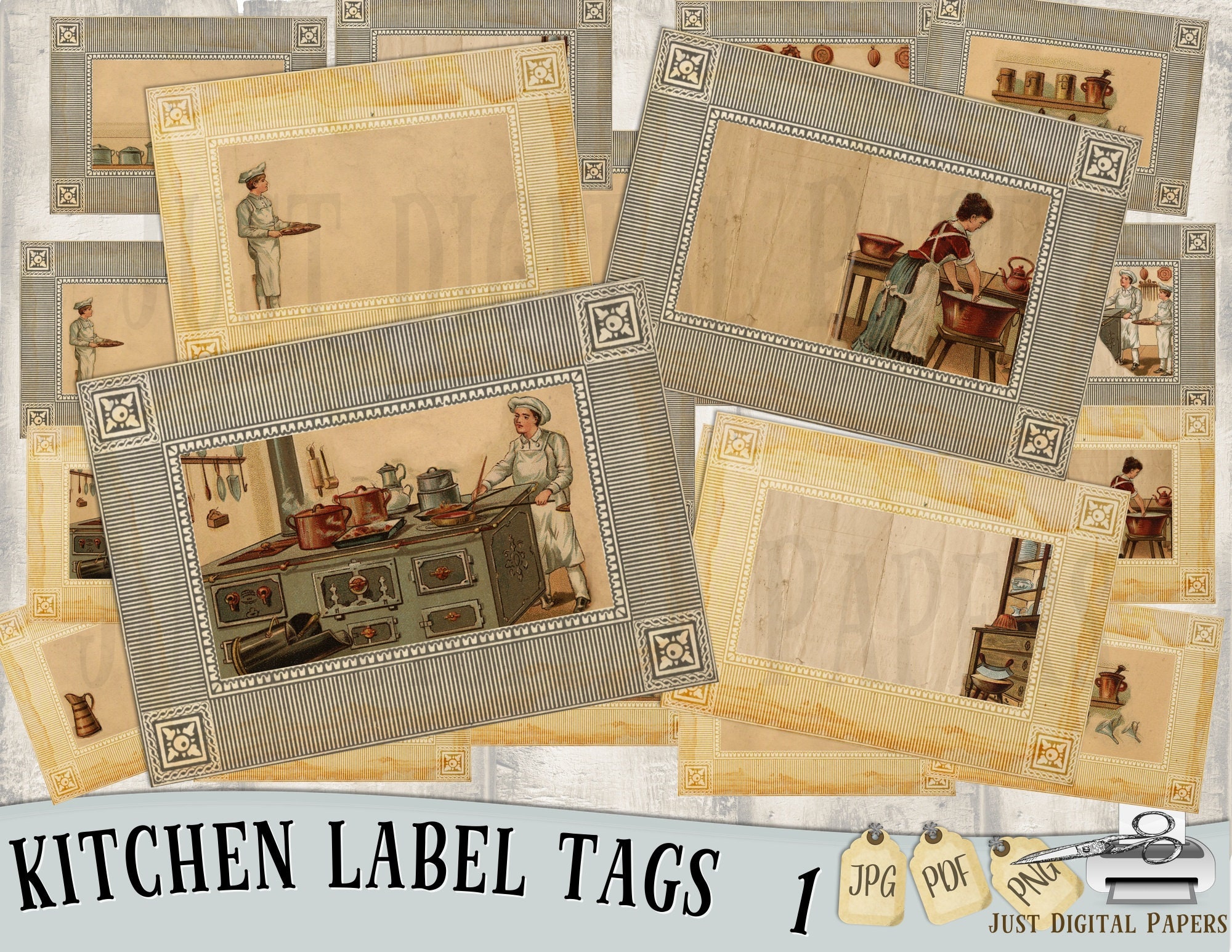 Kitchen, Tags, Scrapbook Tags, Journal Tags, Old Labels, Digital ...