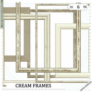 May include: A collection of cream-colored picture frames with distressed, aged details. The frames vary in shape and style, with some featuring a striped design. The text "CREAM FRAMES" is displayed at the bottom.