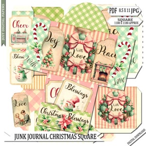 May include: A collection of vintage-style Christmas-themed digital papers. The designs include tags with holiday greetings, candy canes, snowmen, Christmas trees, and decorative bows. The color palette features soft pinks, greens, and creams. The text includes "Cheer", "Joy", "Blessings", and "Christmas Blessings".