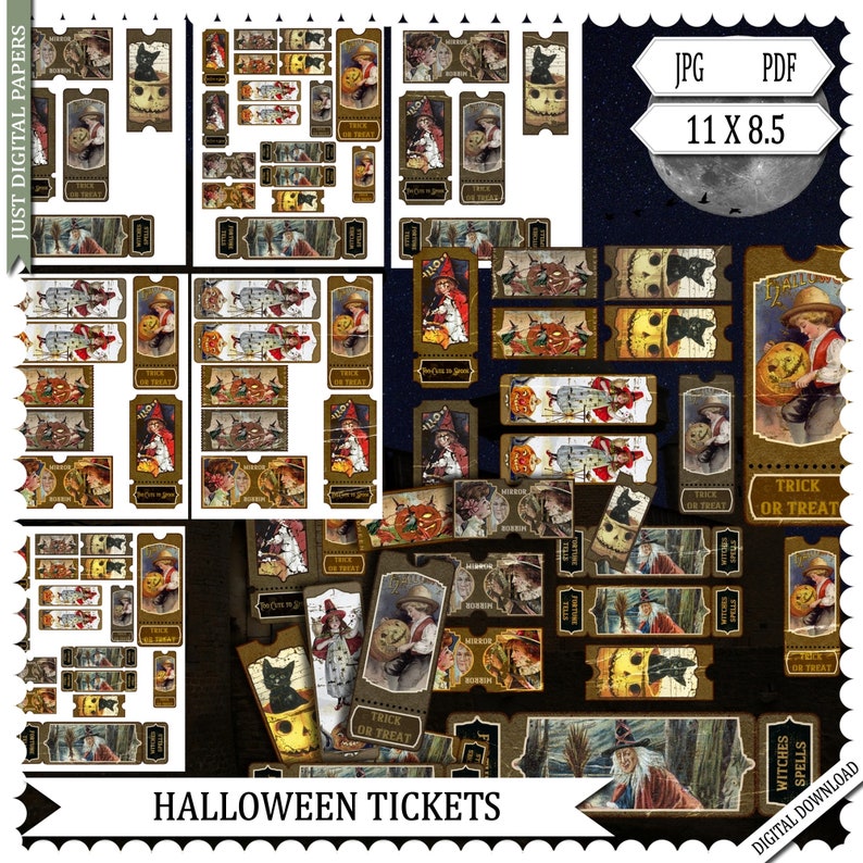 May include: A collection of vintage-style Halloween tickets with various illustrations. The tickets feature images of children with pumpkins, witches, and black cats. The text "Trick or Treat" and "Halloween Tickets" are visible.