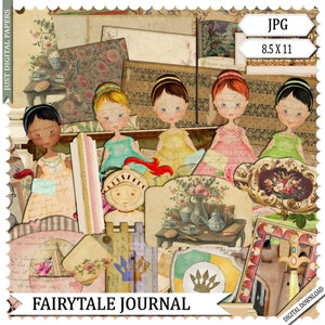 Op de afbeelding: Een collage van digitale papieren en illustraties in vintage stijl. Toont vijf poppenachtige figuren in jurken, samen met bloemen- en antieke elementen. Bevat de tekst "Fairytale Journal" en "8.5 x 11".