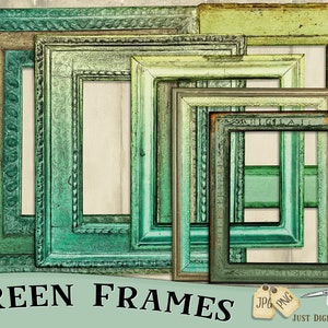 May include: A collection of antique-style picture frames in various shades of green, from teal to olive. The frames have ornate details and distressed finishes, with the text "GREEN FRAMES" at the bottom.
