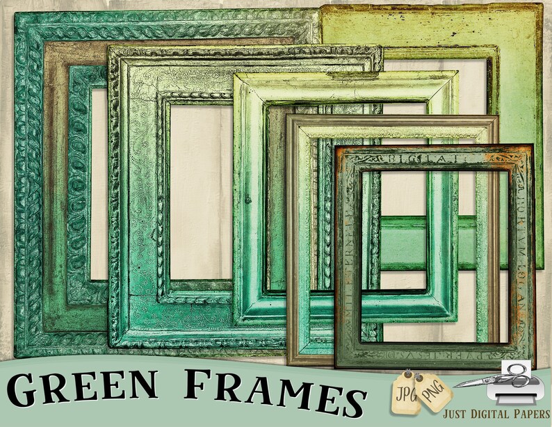 May include: A collection of antique-style picture frames in various shades of green, from teal to olive. The frames have ornate details and distressed finishes, with the text "GREEN FRAMES" at the bottom.