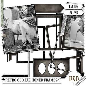 Könnte beinhalten: Ein Set aus 13 Schwarzweiß-Bilderrahmen im Vintage-Stil mit einem abgenutzten Look. Die Rahmen sind in einer Collage angeordnet, in der eine Frau auf einem Stuhl in einem der Rahmen sitzt. Der Text "Retro Old Fashioned Frames" befindet sich am unteren Rand der Collage.