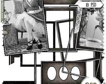 Retro Black Frames Clipart: Scrapbook Photo Frames (PNG, PSD, Digital Download)