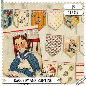 Raggedy Ann Bunting, Craft Bunting, Party Bunting, Children Bunting, Printable Bunting, Instant Download, vintage Bunting