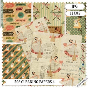 Papiers de tâches ménagères, journal grunge, album de nettoyage, papiers, papiers de corvées, imprimable, journal indésirable, papiers des années 50, téléchargement numérique, lot de 4