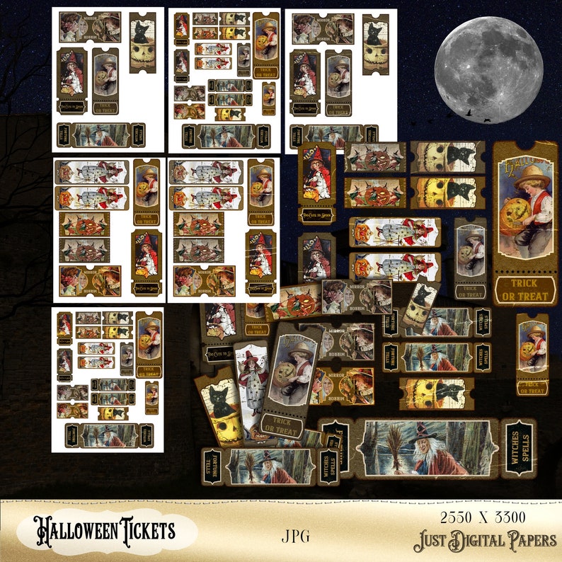 May include: A collection of vintage-style Halloween tickets with illustrations of children, witches, black cats, and pumpkins. The tickets feature the phrases "Trick or Treat" and "Witches Spells". The background includes a full moon.