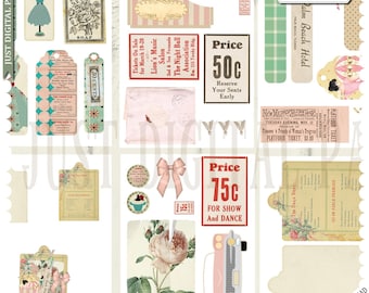 Puede incluir: Un paquete de papel digital con temática de los años 50. El paquete incluye imágenes de boletos antiguos, etiquetas de precios, un automóvil, una rosa, un vestido y un letrero de hotel. El texto en las imágenes incluye "Price 50c", "Price 75c", "The Night Ball", "Palm Beach Hotel" y "Platform Ticket".