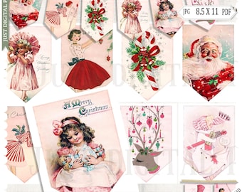 Pink Christmas Bunting: Vintage Retro Decorations (Digital Download) Printable pretty Decoration