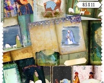 May include: A collage of digital papers with a Nativity theme. The images include illustrations of the baby Jesus in a manger, Mary holding baby Jesus, shepherds, and camels. The text "Nativity Journal" is displayed on a banner.