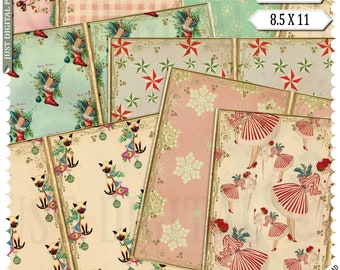 May include: A collection of digital papers with a vintage Christmas theme. The papers feature various patterns, including snowflakes, stars, and illustrations of cats, stockings, and women in festive attire. The papers are sized 8.5 x 11 inches and labeled "Christmas Mix 2."