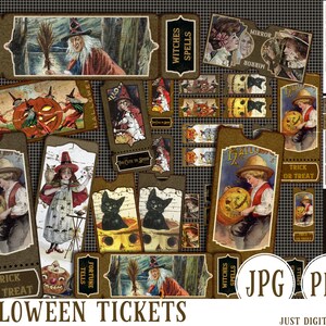 May include: A collection of vintage-style Halloween tickets with various illustrations. The tickets feature images of witches, children with jack-o'-lanterns, black cats, and the text "Trick or Treat" and "Fortune Tells". The words "Halloween Tickets" are also visible.
