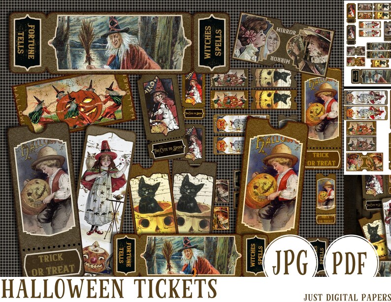 May include: A collection of vintage-style Halloween tickets with various illustrations. The tickets feature images of witches, children with jack-o'-lanterns, black cats, and the text "Trick or Treat" and "Fortune Tells". The words "Halloween Tickets" are also visible.