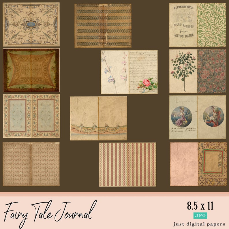 Op de afbeelding: Een verzameling digitale papieren met vintage ontwerpen. De papieren tonen bloempatronen, sierlijke frames en handgeschreven tekst. Het kleurenpalet omvat beige, bruine en pastel tinten. De tekst "Fairy Tale Journal" staat onderaan, met de afmetingen 21,59 x 27,94 cm.