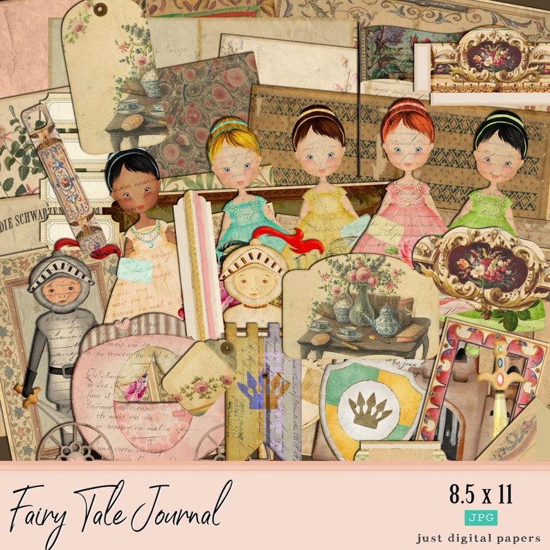 Op de afbeelding: Een collage van vintage-stijl ephemera met een sprookjesthema. Bevat illustraties van poppen, een ridder en bloemmotieven. De tekst "Fairy Tale Journal" staat onderaan, met afmetingen van 21,6 x 27,9 cm.