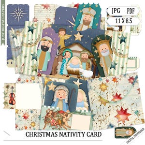 Christmas Nativity card, Square Folder, printable, Christmas Card, Cut out, Craft, Journal, Digital Download,