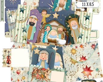 Christmas Nativity card, Square Folder, printable, Christmas Card, Cut out, Craft, Journal, Digital Download,