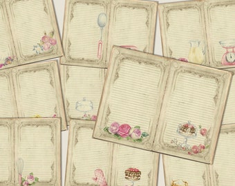 Könnte beinhalten: Rezeptkarten im Vintage-Stil mit linierten Seiten und dekorativen Rändern. Jede Karte zeigt ein anderes Küchenutensil oder Backzubehör, wie z. B. einen Löffel, einen Schneebesen, einen Kuchen und eine Kanne. Die Karten sind mit rosa Rosen und anderen floralen Elementen verziert.