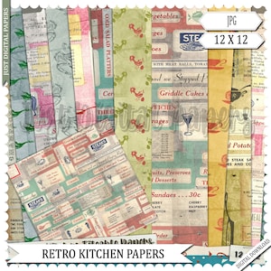 Retro  Papers,  Recipe Journal, Tile able Papers, Kitchen Retro, Papers, Cooking , Printable. Retro, Digital Download,  Jpg, CU