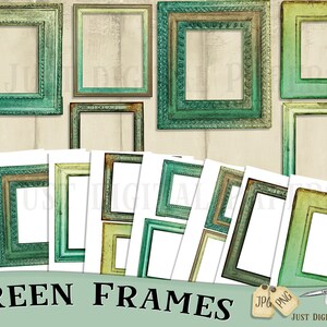 May include: A collection of digital green frames in various sizes and styles. The frames have a distressed, vintage look with shades of teal, olive, and gold. The text "GREEN FRAMES" is displayed at the bottom of the image.