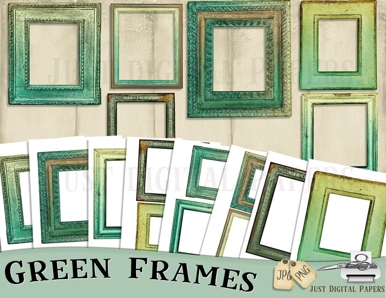 May include: A collection of digital green frames in various sizes and styles. The frames have a distressed, vintage look with shades of teal, olive, and gold. The text "GREEN FRAMES" is displayed at the bottom of the image.