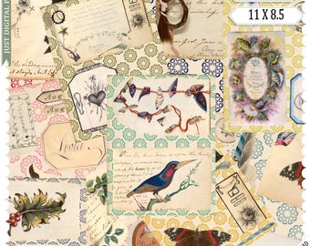 Keepsakes Ephemera Vol 3 – Vintage Printable Journal Papers, Antique Letters & Nature Collage Kit, Digital Scrapbook Download (10 JPGs)