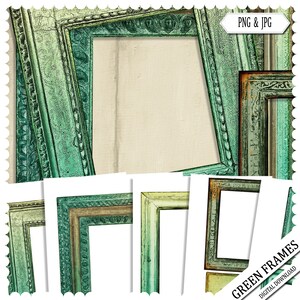 May include: A collection of green picture frames with ornate detailing. The frames vary in shades of green, from a vibrant teal to a muted olive. The image includes the text "PNG & JPG" and "GREEN FRAMES DIGITAL DOWNLOAD".