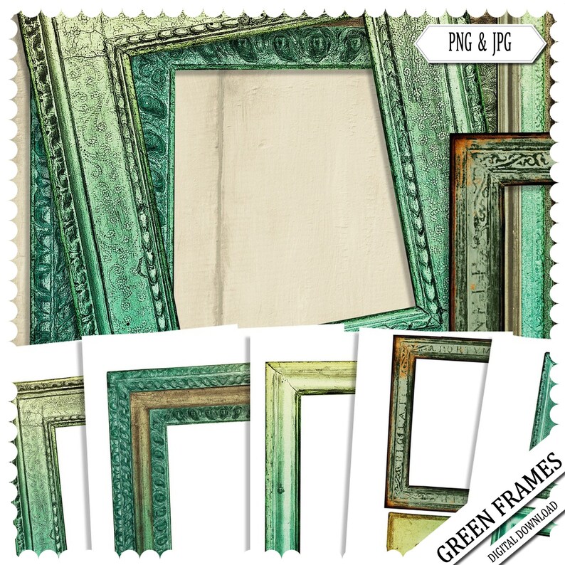 May include: A collection of green picture frames with ornate detailing. The frames vary in shades of green, from a vibrant teal to a muted olive. The image includes the text "PNG & JPG" and "GREEN FRAMES DIGITAL DOWNLOAD".