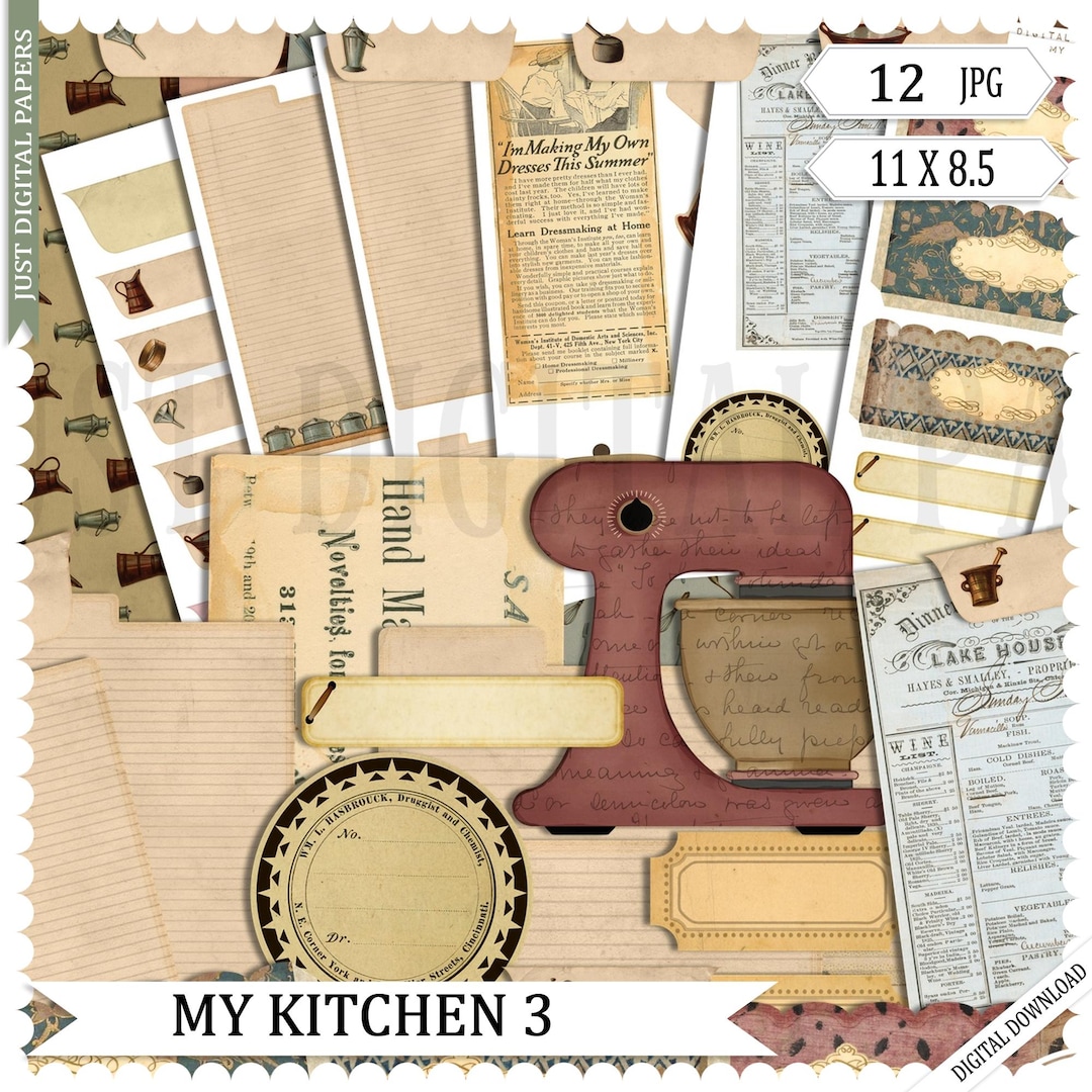 Kitchen Journal Printable: Vintage Recipe Scrapbook Papers (PDF, JPG ...