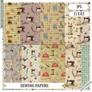 May include: A set of 8 digital papers featuring vintage sewing themed patterns. The papers include images of sewing machines, spools of thread, buttons, needles, and other sewing supplies. The papers are in a variety of colors, including beige, brown, pink, green, and blue. The papers are perfect for scrapbooking, card making, and other crafting projects.