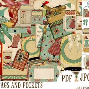 Étiquettes années 50, étiquette imprimable, scrapbooking, numérique, pochettes, journal de bricolage, journal années 50, papier journal rétro, feuille de collage