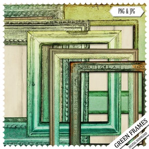 May include: A collection of antique green picture frames in various sizes and styles. The frames have distressed paint finishes in shades of green, with some showing hints of brown and gold. The image includes the text "PNG & JPG" and "GREEN FRAMES DIGITAL DOWNLOAD".