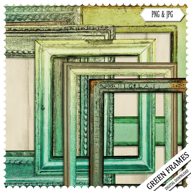 May include: A collection of antique green picture frames in various sizes and styles. The frames have distressed paint finishes in shades of green, with some showing hints of brown and gold. The image includes the text "PNG & JPG" and "GREEN FRAMES DIGITAL DOWNLOAD".