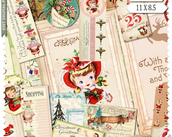 May include: A collage of vintage Christmas ephemera, including postcards, tags, and decorative elements. The image features a retro aesthetic with illustrations of Santa Claus, children, and festive decorations. The text includes "Christmas Greetings" and "Merry Christmas."