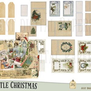 May include: A collection of vintage Christmas-themed ephemera, including tags, lined paper, and decorative cards. The color palette includes beige, green, and red, with illustrations of Christmas scenes and text that reads "A Little Christmas".