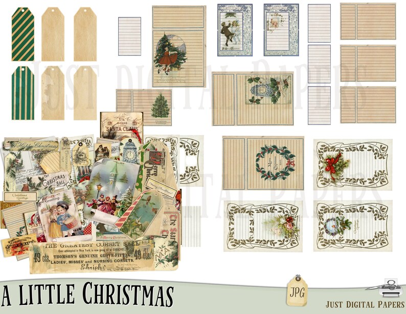 May include: A collection of vintage Christmas-themed ephemera, including tags, lined paper, and decorative cards. The color palette includes beige, green, and red, with illustrations of Christmas scenes and text that reads "A Little Christmas".